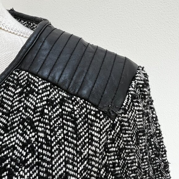Forever 21 Black and White Wool-Blend  Herringbone Moto Jacket with Faux Leather - Picture 4 of 16